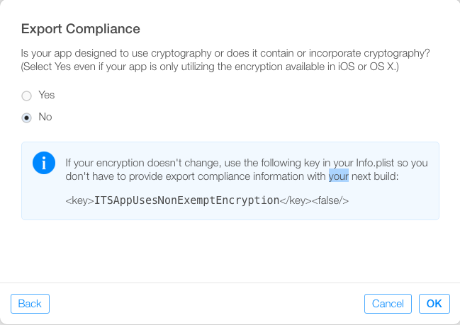 App Store export compliance dialog showing ITSAppUsesNonExemptEncryption