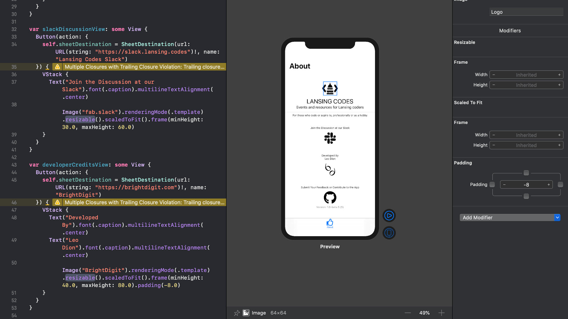 SwiftUI being used to build an app for local developer meetups in Lansing