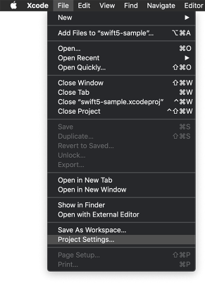 Xcode Project Settings Menu Item